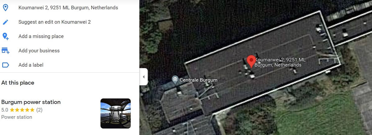 Google Maps Screenshot showing that Cryptomain's Address really belongs to the Burgum Power Station