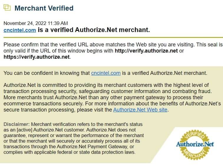 CNC Intel Authorize.Net Verification