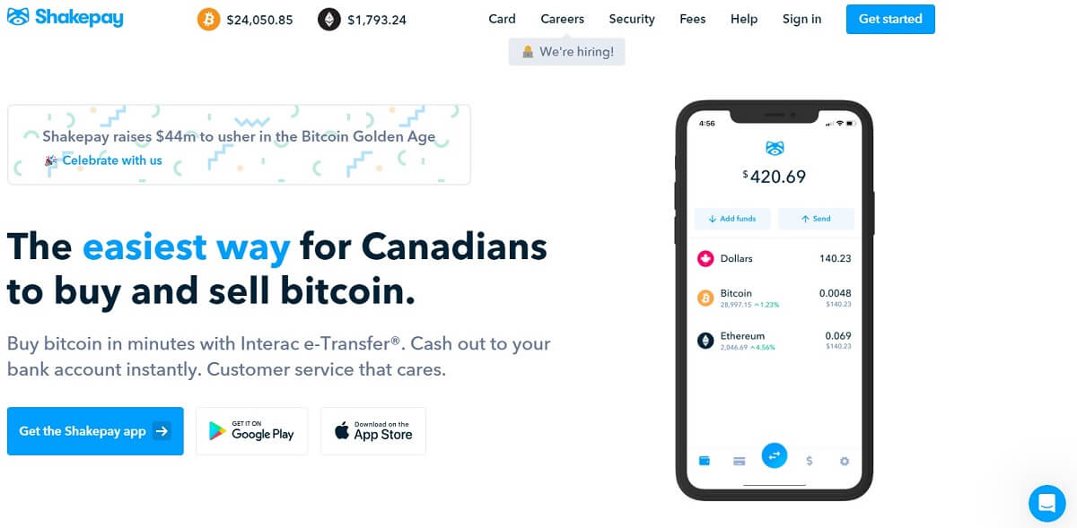 ShakePay Review - Homepage Screenshot of the Canadian Bitcoin & Ethereum Exchange ShakePay