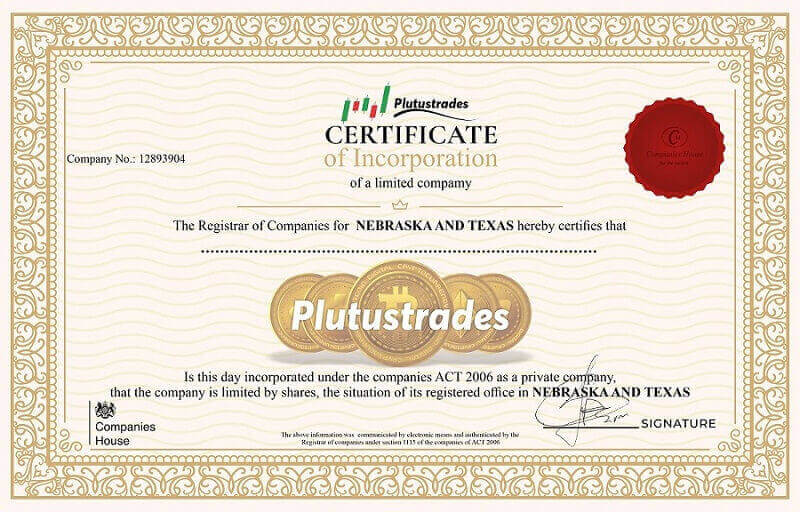 PlutusTrades Fake Certificate of Incorporation