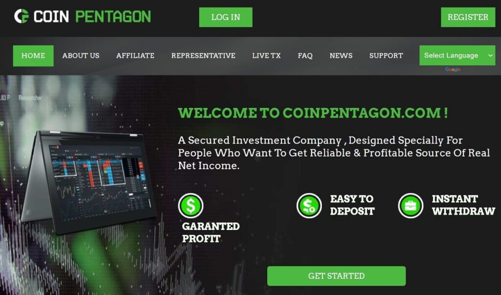 CoinPentagon Review - Screenshot of the homepage