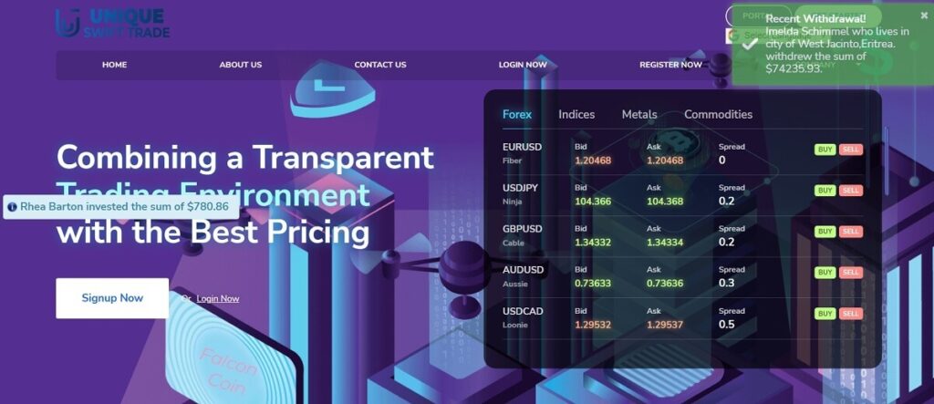 SwiftTrade Scam Review - Screenshot of UniqueSwiftTrade.com