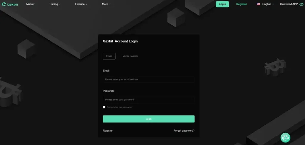 Qexbit login page featuring email and password fields, promoting a fraudulent cryptocurrency platform.