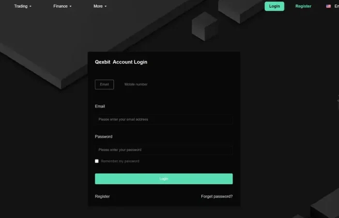 Qexbit login page featuring email and password fields, promoting a fraudulent cryptocurrency platform.